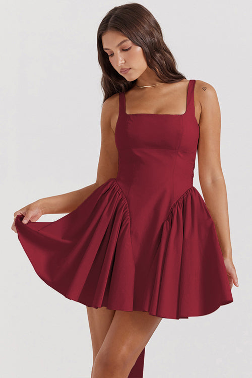 Square Neck Sleeveless Bow Back Pleated Volume Skater Mini Dress