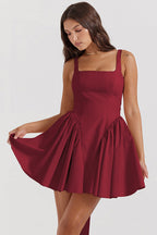 Square Neck Sleeveless Bow Back Pleated Volume Skater Mini Dress