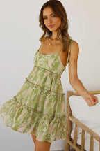 Tie Shoulder Floral Print Tiered Ruffle Mini Dress