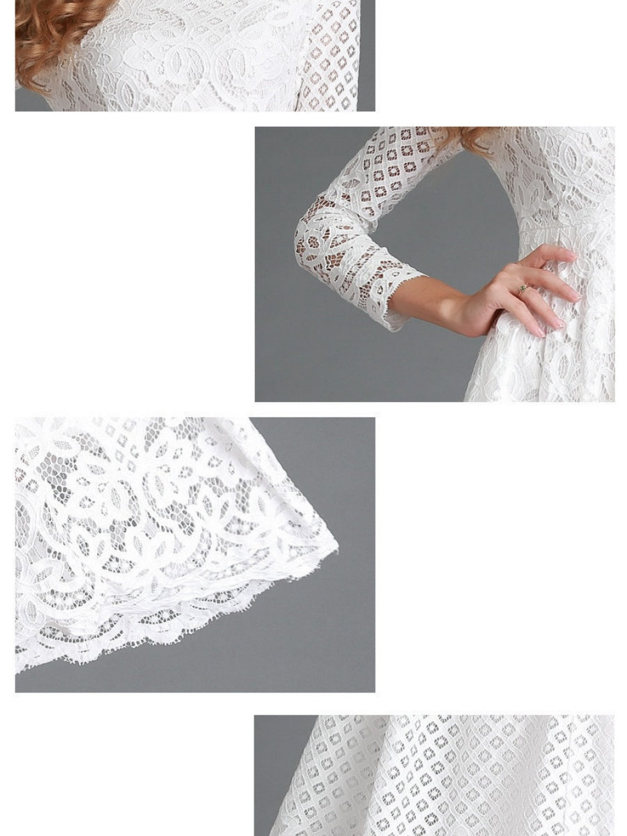 Round Neck Lace Long Sleeve Slim Midi Dress