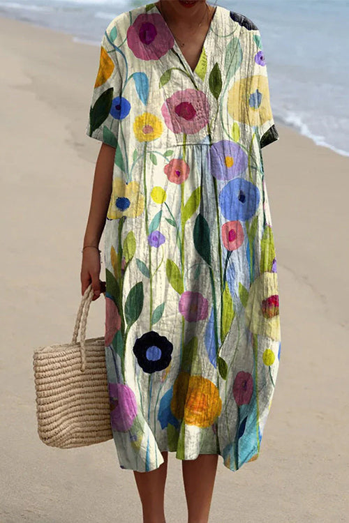 V Neck Short Sleeves Floral Print Loose Midi Vacation Dress