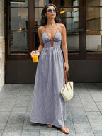 Stripes Color-blocked Splicing V-neck Hollow Maxi Dresses