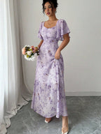 Floral Lotus Leaf Sleeves Sweetheart Collar Vacation And Leisure Maxi Dresses