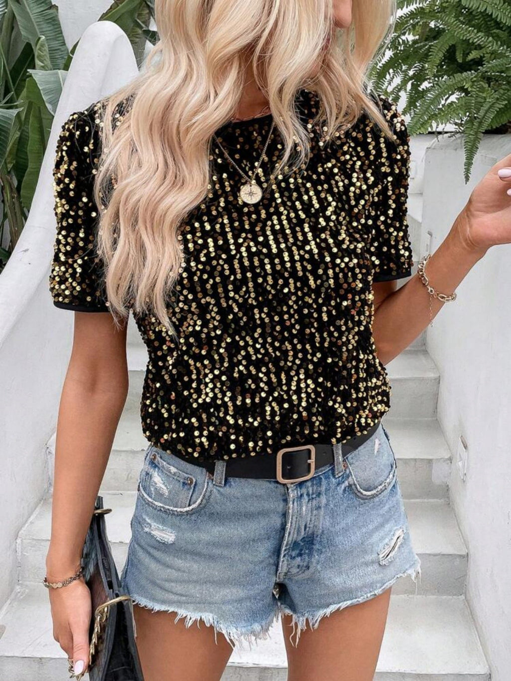 Sequins Crew Neck Short Sleeve T-shirt