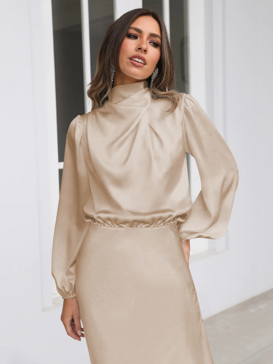 Satin Long Sleeve Zipper Solid Color Maxi Dresses