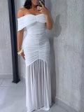 Off Shoulder Fishtail 3D Pleats Mesh Splicing Formal Dress Maxi Dresses