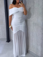 Off Shoulder Fishtail 3D Pleats Mesh Splicing Formal Dress Maxi Dresses