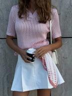 Hollow Crochet Lapel Short Sleeve Knitwear T-shirts