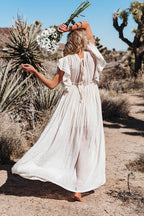Plunging V-Neck Flutter Sleeve Tie Front Button Pocket Maxi Dress