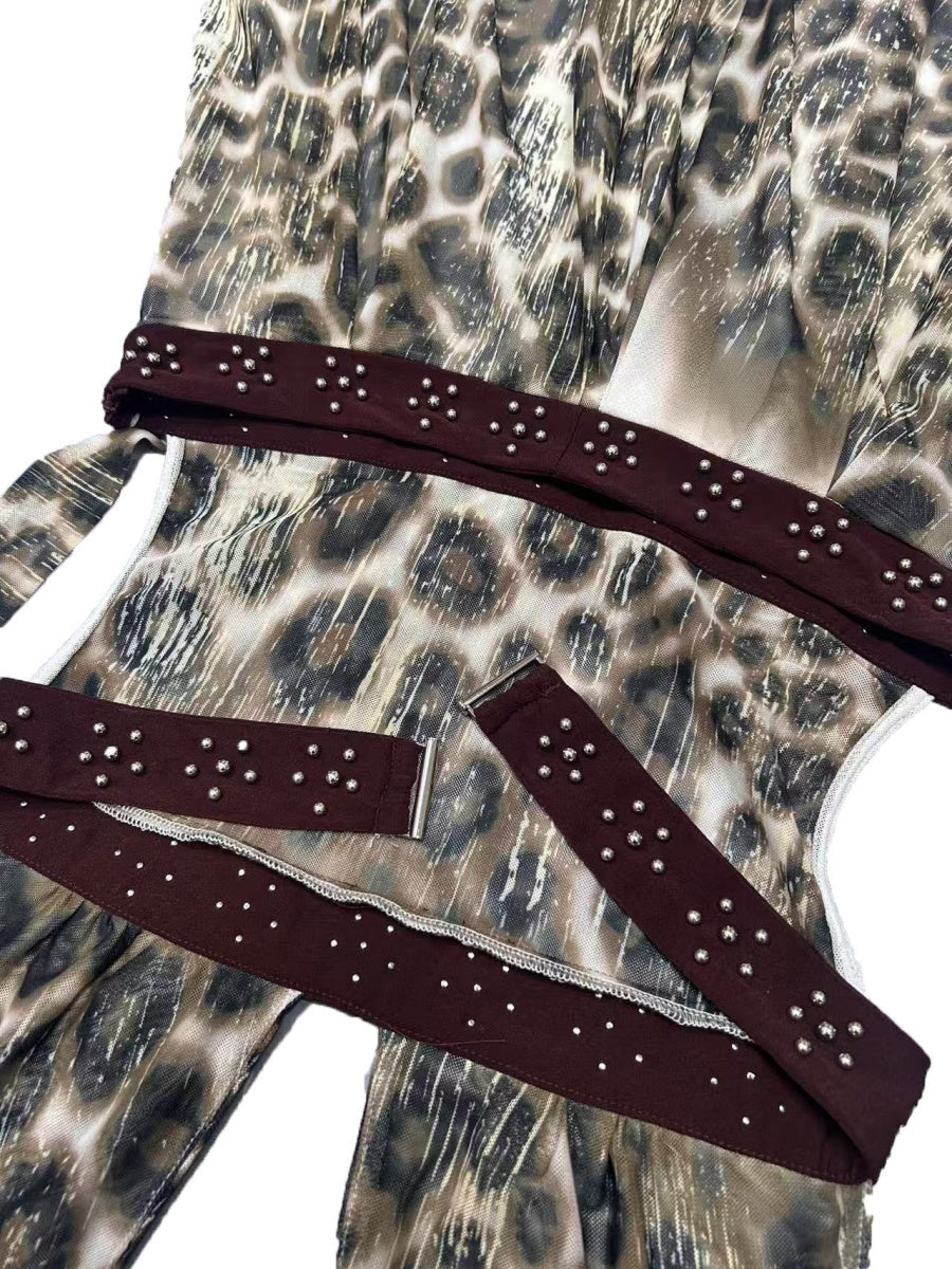 Halter Leopard Print Splicing Backless Beading Maxi Dresses