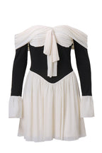 Off Shoulder Bow Front Corset Panel Ruffle Cuff Mini Dress