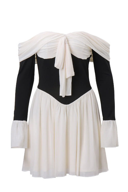 Off Shoulder Bow Front Corset Panel Ruffle Cuff Mini Dress