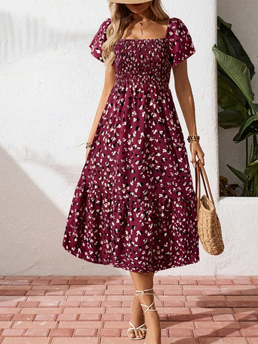Floral Short Sleeve Square Collar Ruffle Vacation And Leisure Maxi Dresses