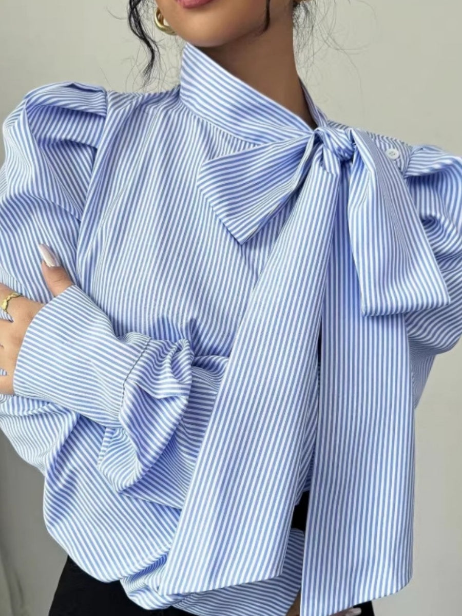 Puff Sleeve Bow Ribbon Stripes Leisure Shirts