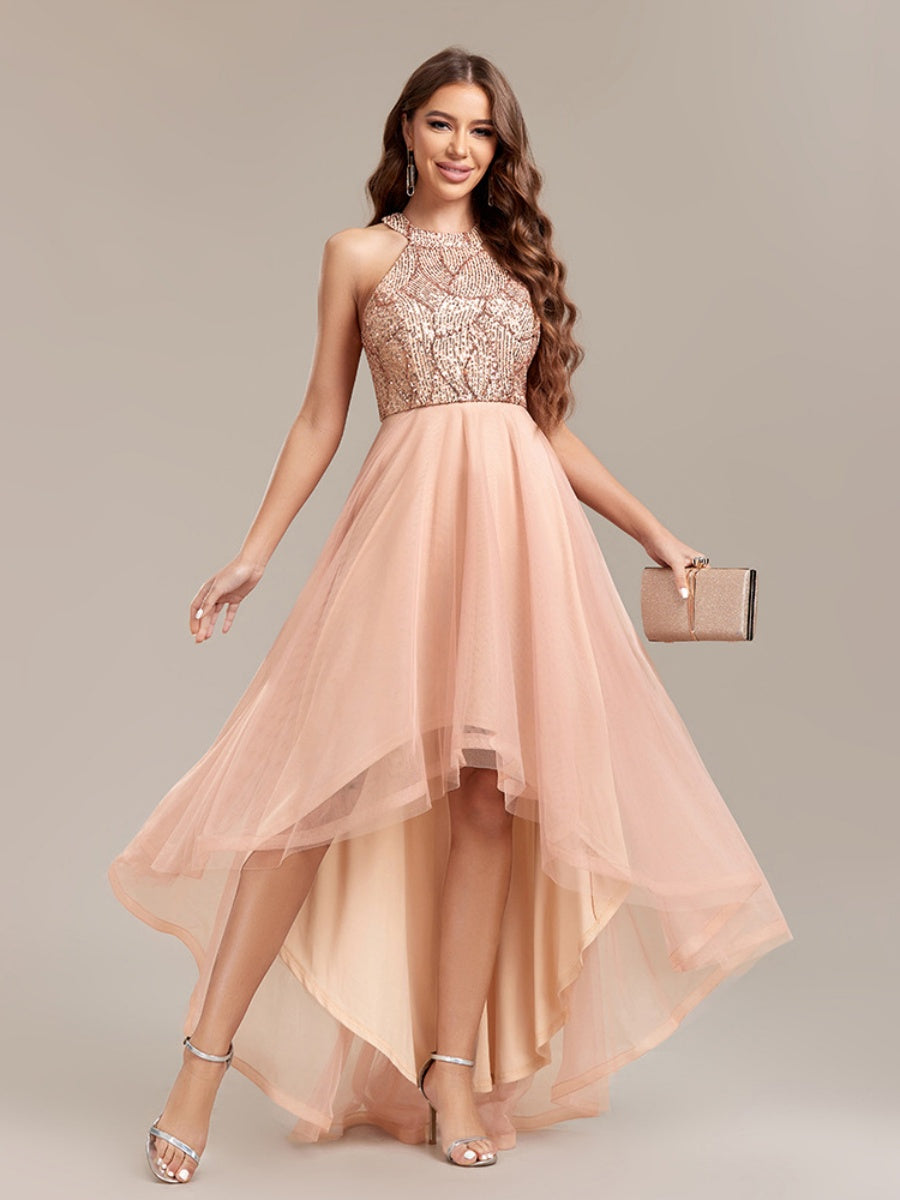 Halter Sequins Mesh Irregular Hem Formal Dress Maxi Dresses