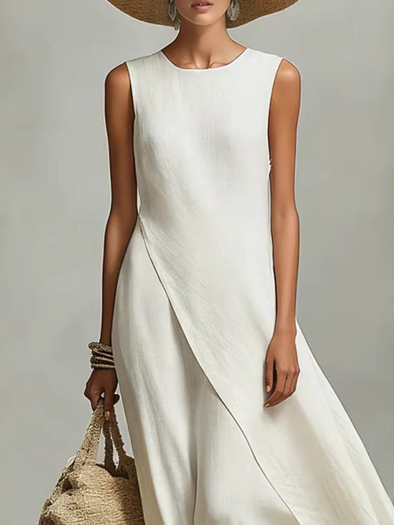Sleeveless Asymmetrical Hem Cotton-linen Blend Long Dress
