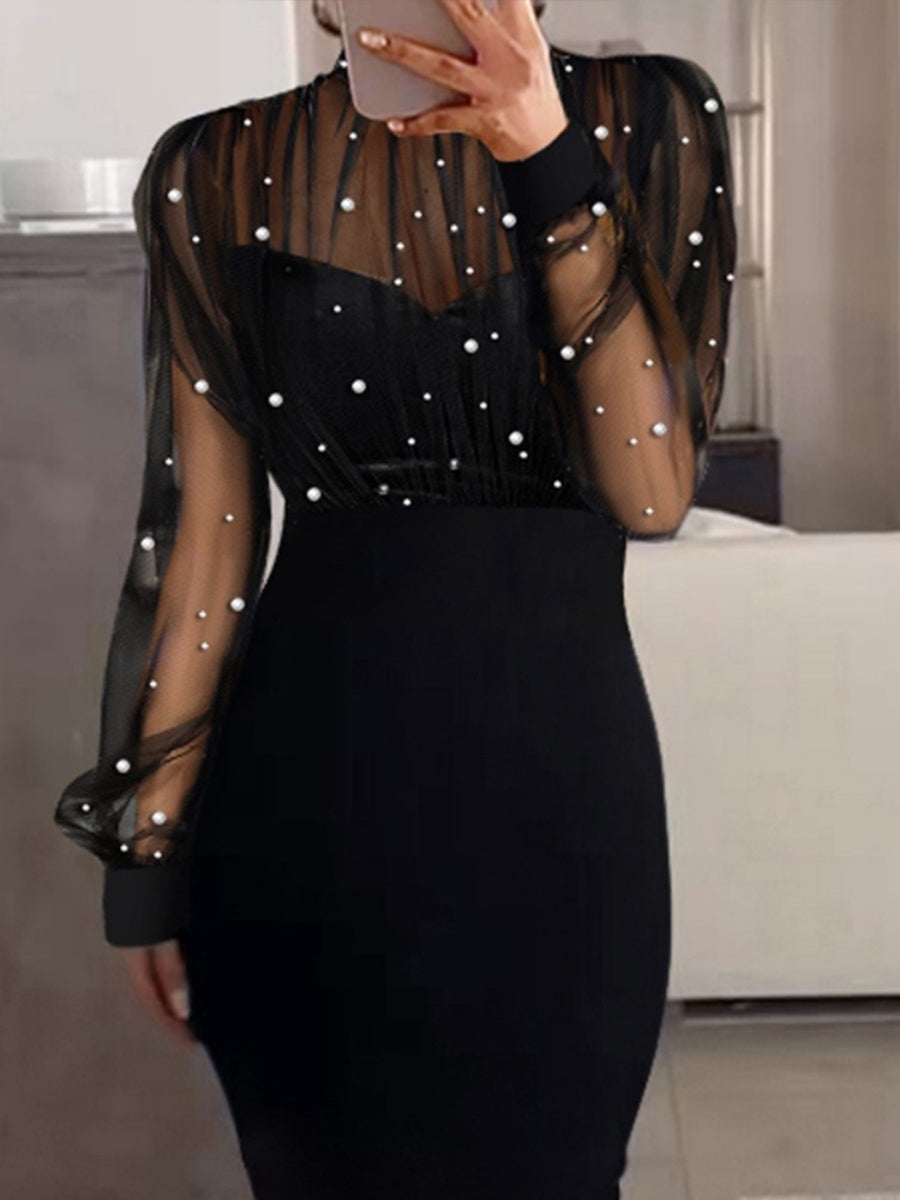 Black Knitting Gauze Lace-trimmed Bodycon Top Midi Dresses