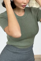 Crewneck Short Sleeves Ribbed Knit Top