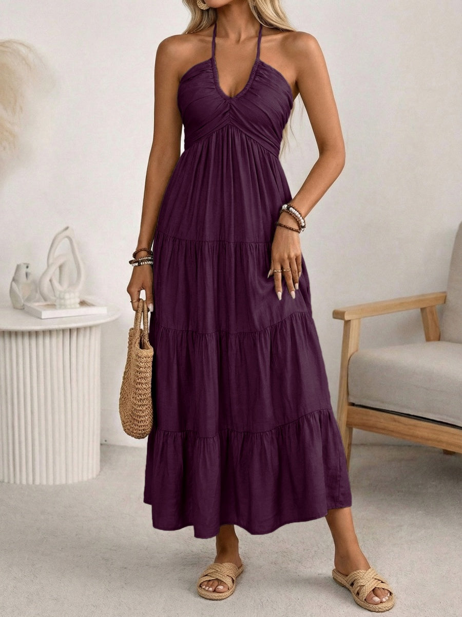 Halter V-neck Drawstring Loose-fit Vacation Maxi Dresses