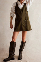 Deep V-Neck Patch Pocket Denim Pinafore Shift Mini Dress