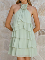 3D Flowers Halter Neck And Backless Layered Ruffles Sweet Mini&Short Dresses