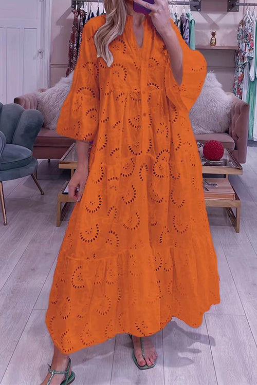 V Neck Flare Sleeves Lace Hollow Out Tiered Maxi Dress