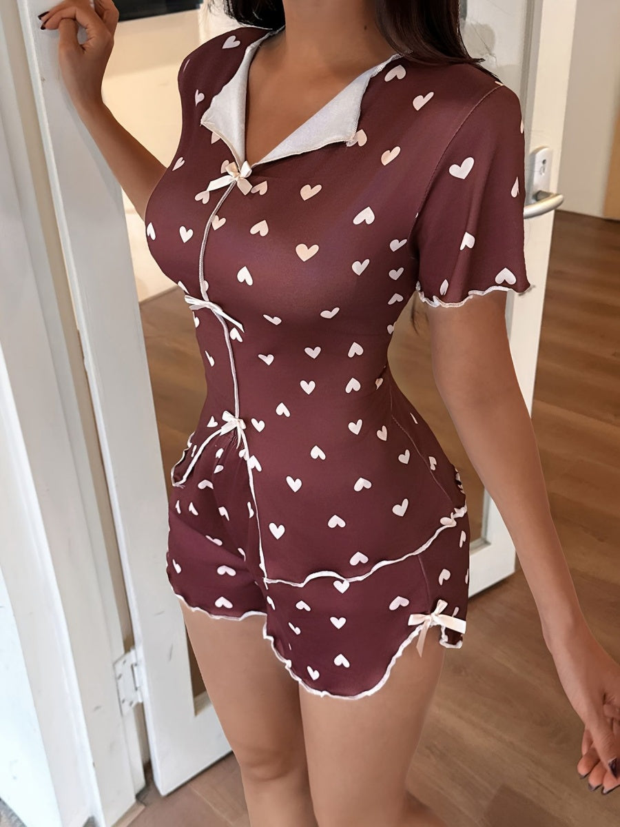 Heart-print Collared Short-sleeved Shirt And Shorts With Bow Tie - A Loungewear Set That Can Be Worn As Outerwear.