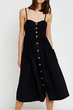 Vertical Stripe Spaghetti Strap Button Down Pocket Front Slit Midi Dress