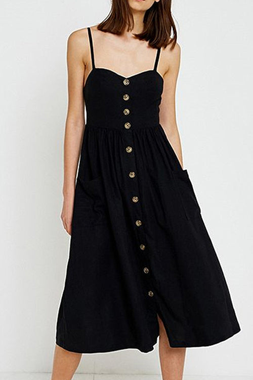 Vertical Stripe Spaghetti Strap Button Down Pocket Front Slit Midi Dress