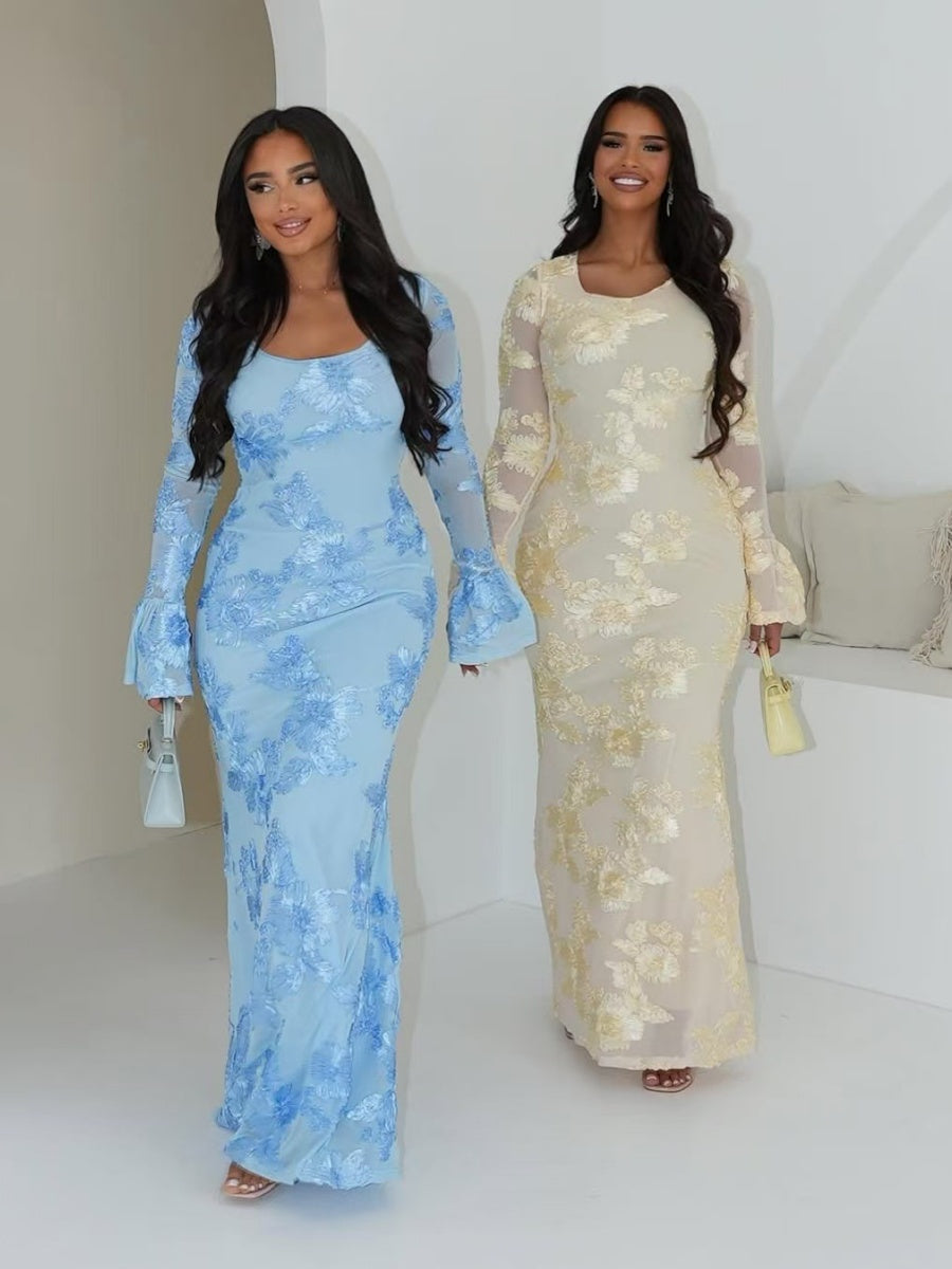 3D Floral Print, Backless, Bell-sleeved, Bodycon Long Dress