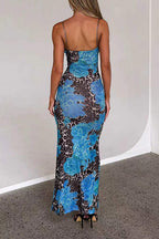 V Neck Color Block Leopard Print Maxi Cami Dress