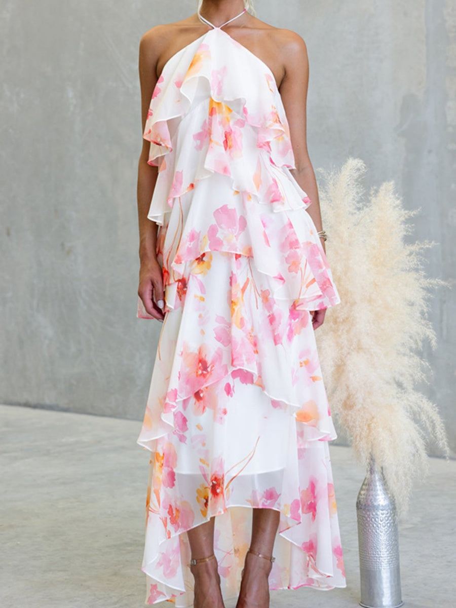 Chiffon Multi-story Halter Printed Vacation Maxi Dresses