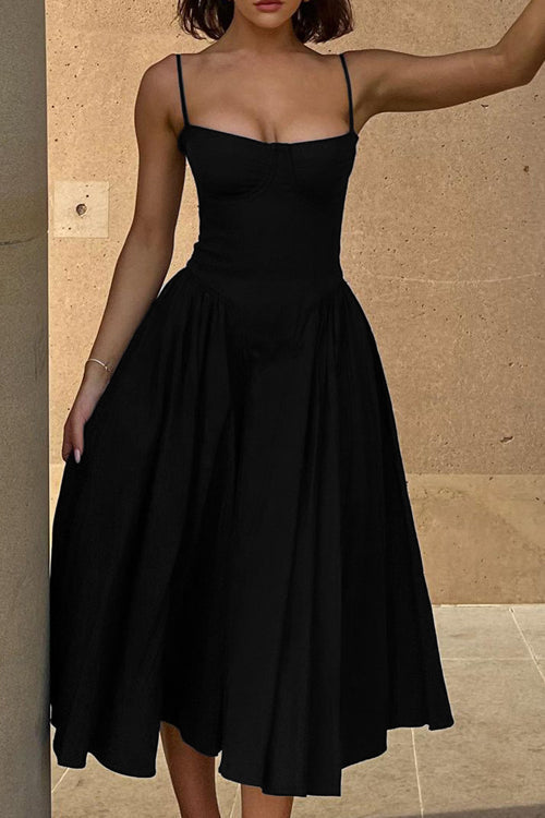 Corset Bustier Spaghetti Strap Basque Waist Gathered Full Midi Dress