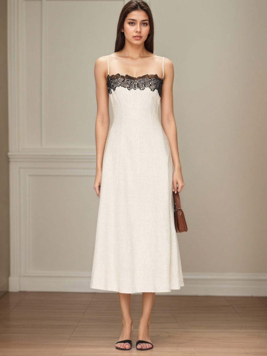 Lace Stitching Grace Temperament White Maxi Dresses