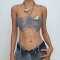Halter beaded hollow out flower applique cami cut out top  | Festival Outfits Women