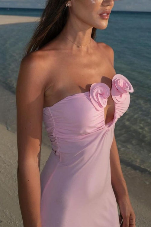 Strapless Flower Applique Maxi Bodycon Dress