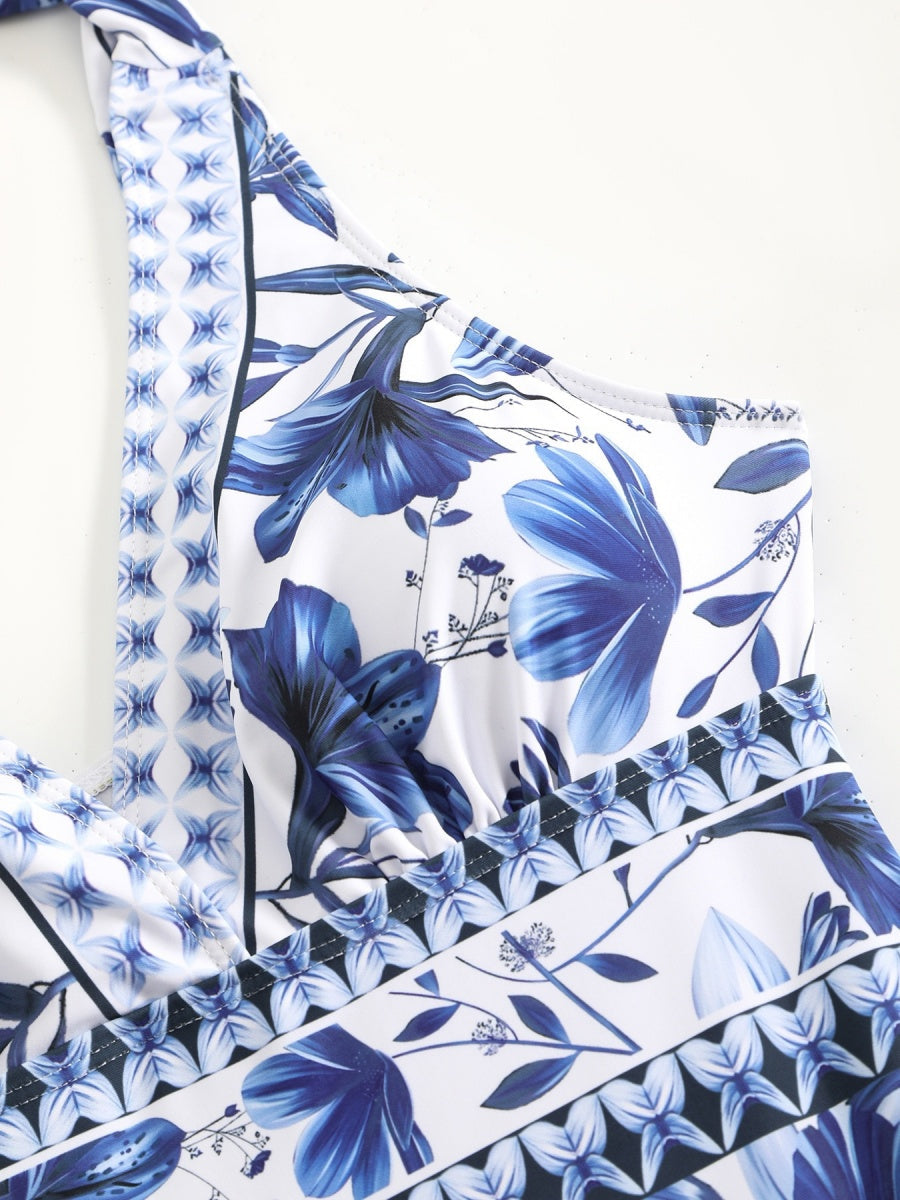 Blue And White Porcelain Print One-piece Slimming And Figure-flattering Long Swimsuit And Sun Protection Dress Two-piece Set