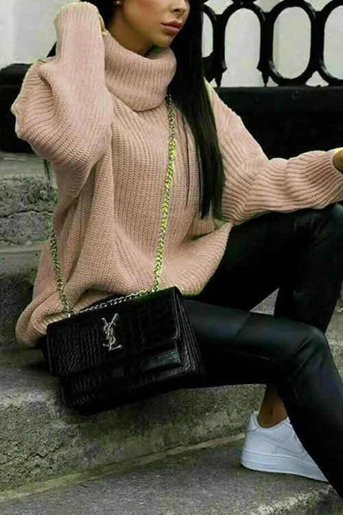 Turtleneck Drop Shoulder Loose Fit Ribbed Knit Sweater