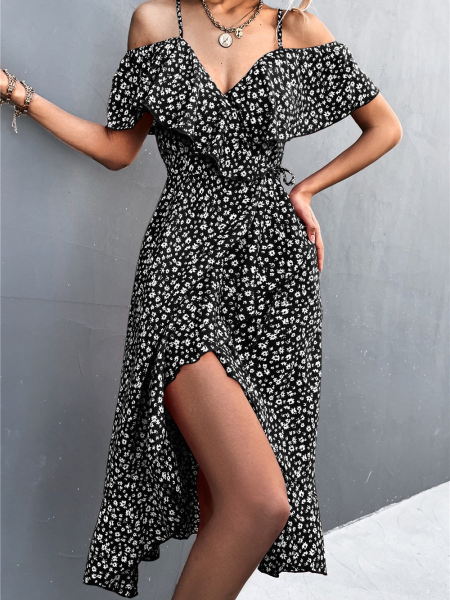 Off-the-shoulder Floral Print Sundress With Ruffles, Midi Length