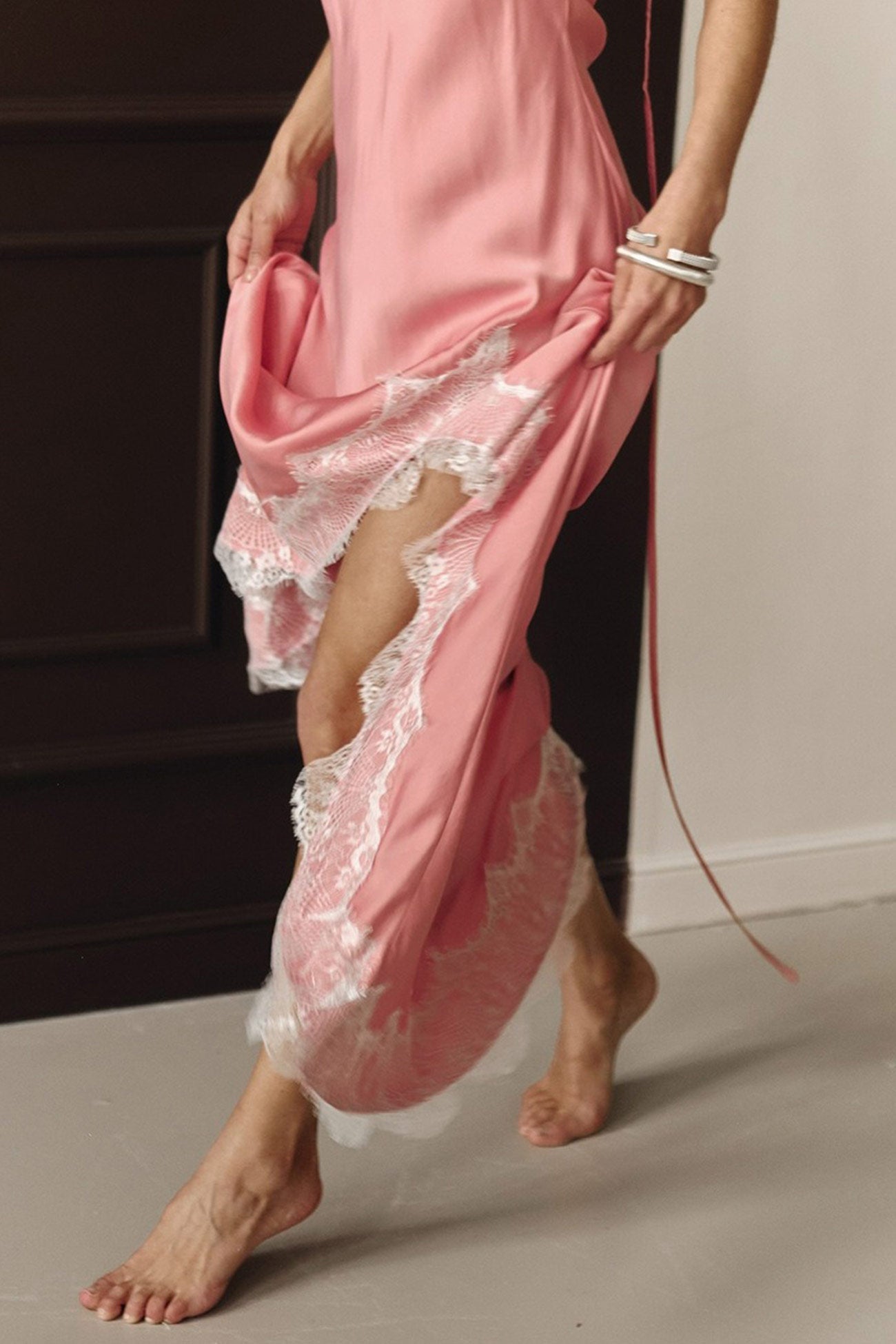 Satin Lace Trim V-Neck Spaghetti Strap High Slit Maxi Dress