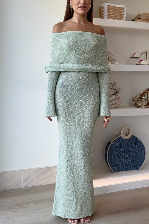 Off Shoulder Hollow-out Knit Stretchy Maxi Dress