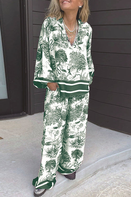 Lapel V Neck Long Sleeves Shirt Wide Leg Pants Printed Casual Set