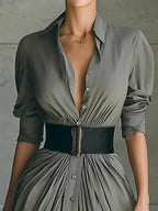 Long Collared Button-down Shirt Dress With Belt