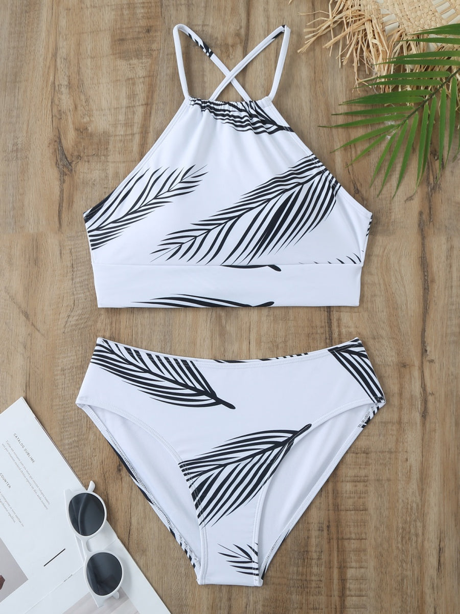 Feather Print Two-Piece Swimsuit With Sun Protection And Skirt (Three-Piece Set)