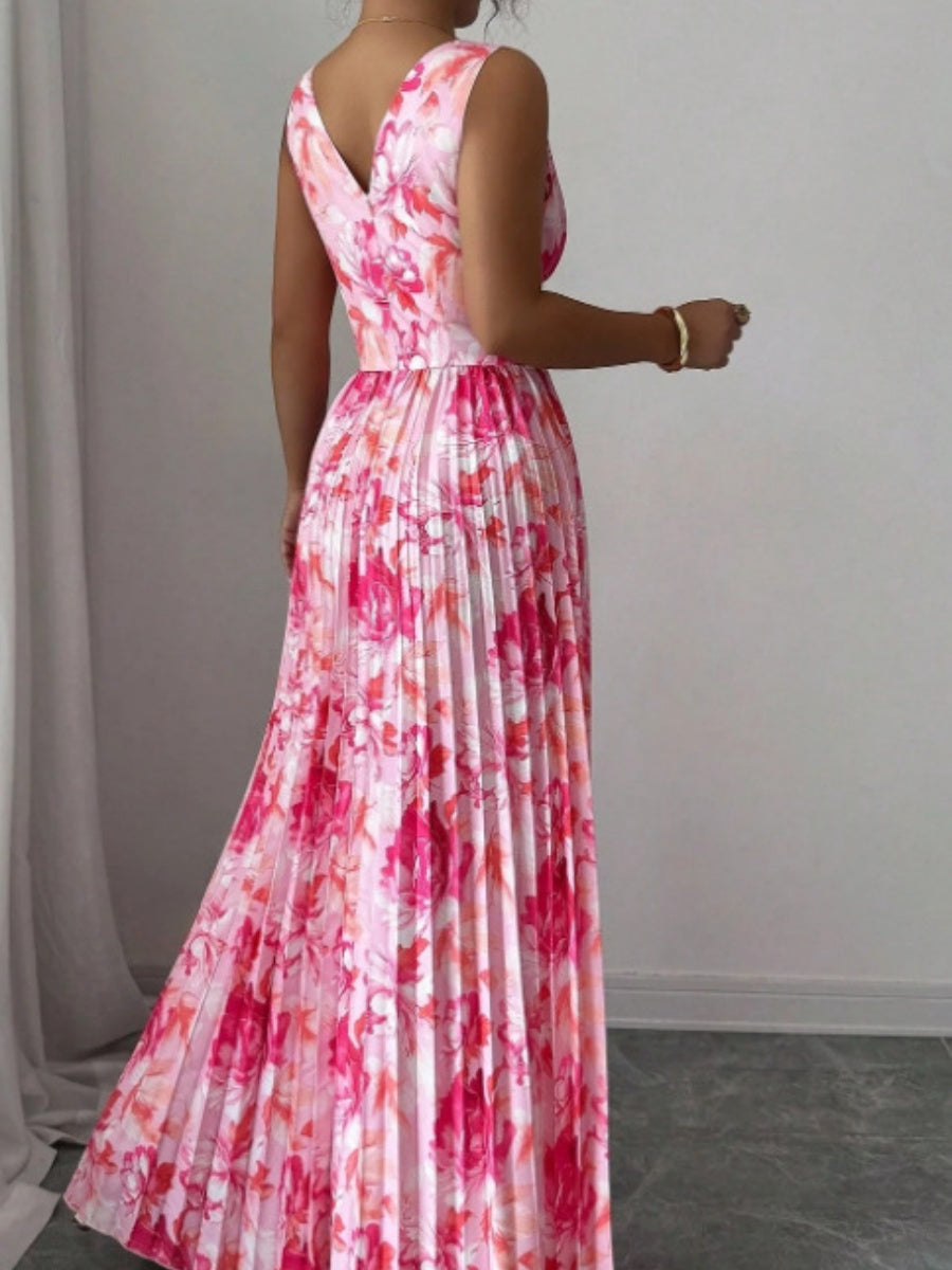 Sexy Deep V-neck Sleeveless Floral Print Maxi Dress With Slit Hem And Pleats