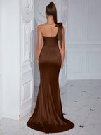 Satin Fish Bones Brown Slit Wedding Maxi Dresses