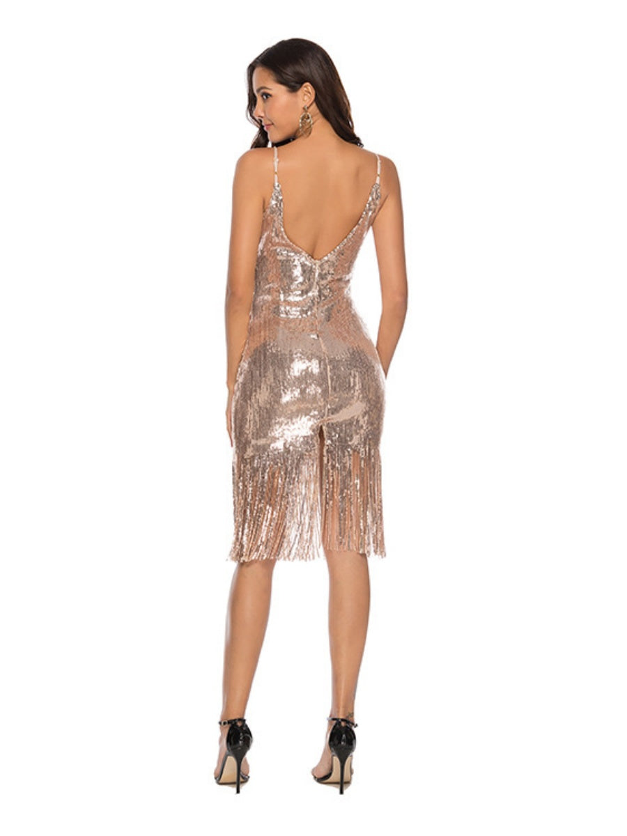 Deep V-neck Tassel Embroidery Sexy Sequined Backless Dress Midi Dresses