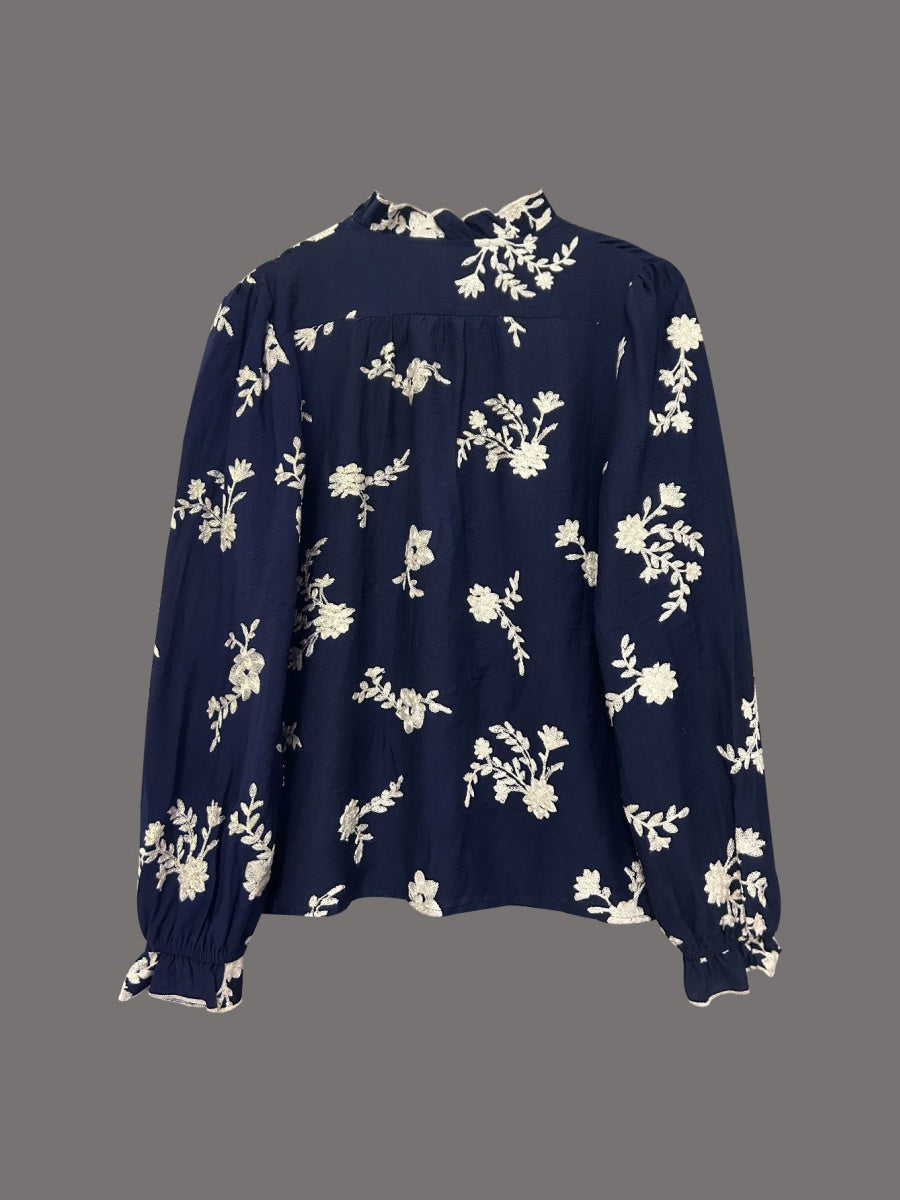 Floral Embroidery Color Block V-Neck Long-Sleeve Shirt