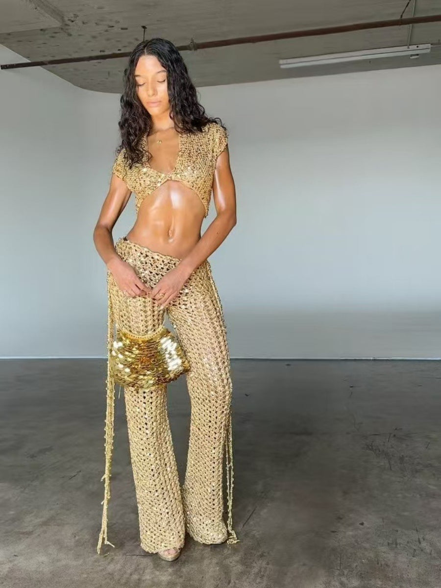 Sexy And Sexy Two-piece Sequined Openwork Set