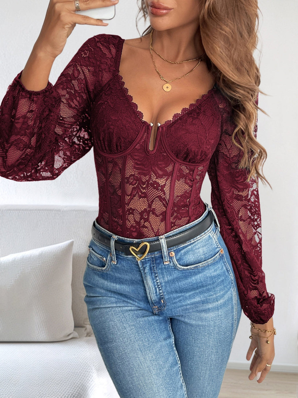 Openwork Lace V-neck Lace Trim Tight-fitting Base Layer Bodysuits